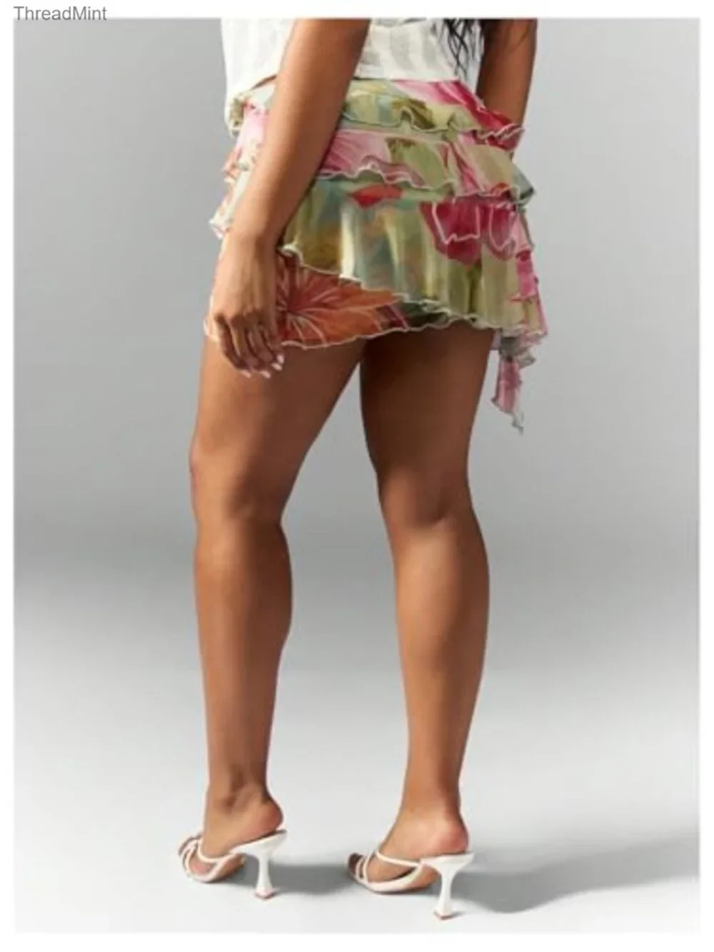 Boho Tropical Floral Bodycon Ruffle Layered Mini Skirt, Medium Stretch